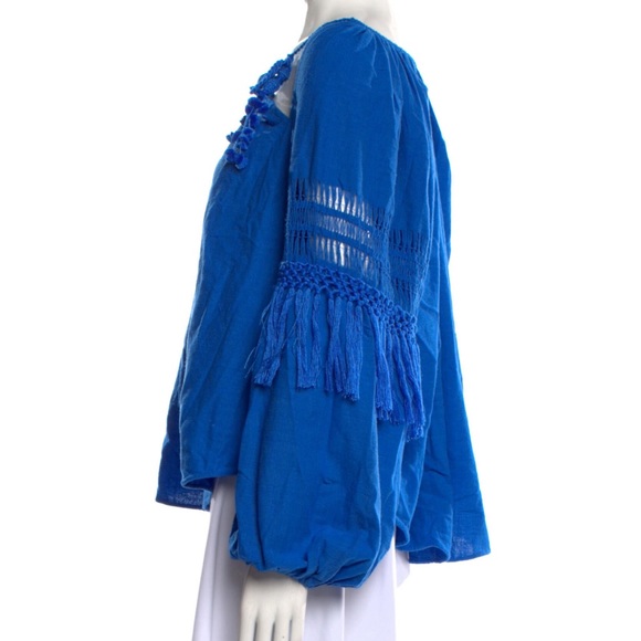 Ulla Johnson Duman Fringe Blouse Tassel Top Crochet Azul Blue Long Sleeve XS 0 - Picture 6 of 7